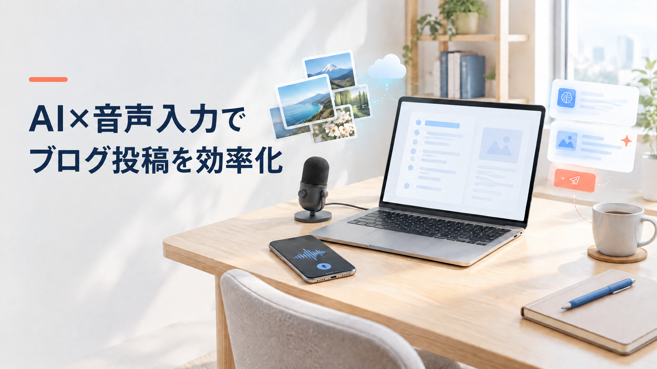 マイク、ノートPC、スマホ、クラウド写真、AI投稿カードを配置し、AIと音声入力でブログ投稿を効率化する様子を表したアイキャッチ画像