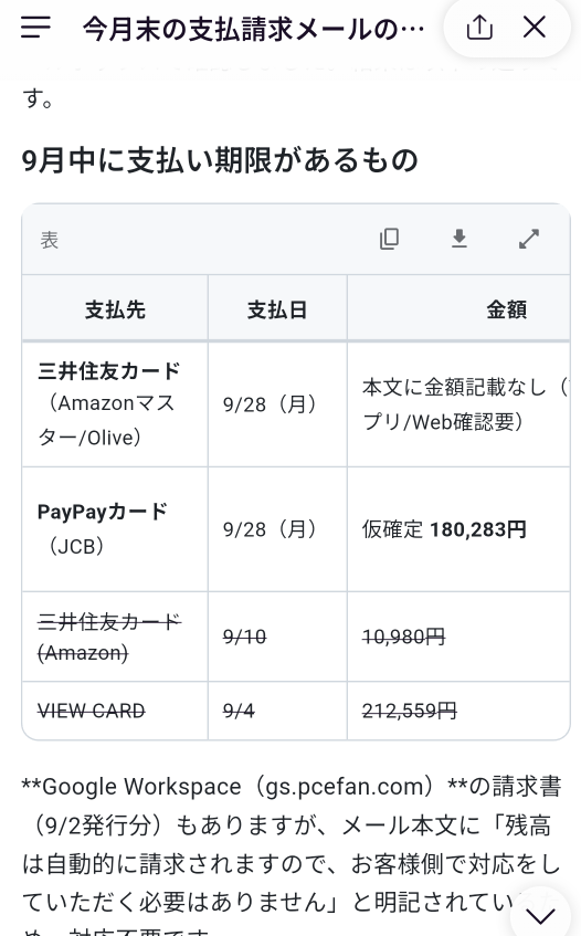 Genmailのチャット欄で請求情報のまとめを指示している画面